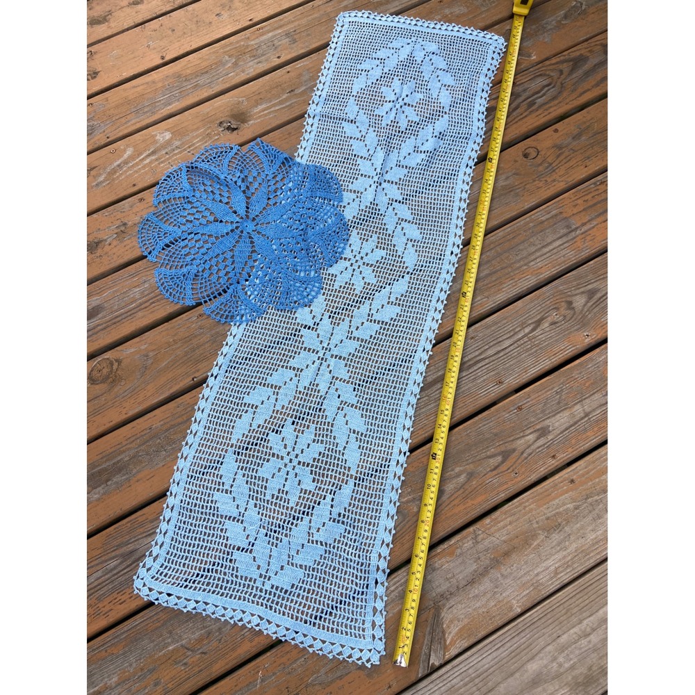 Vintage Handmade Crochet Table Runner and Doily Set Blue Filet Leaf Pattern 2pc